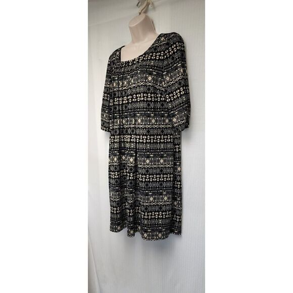 Perceptions New York black tan dress tucks Tribal pattern 3/4 sleeve Misses L - Picture 6 of 9